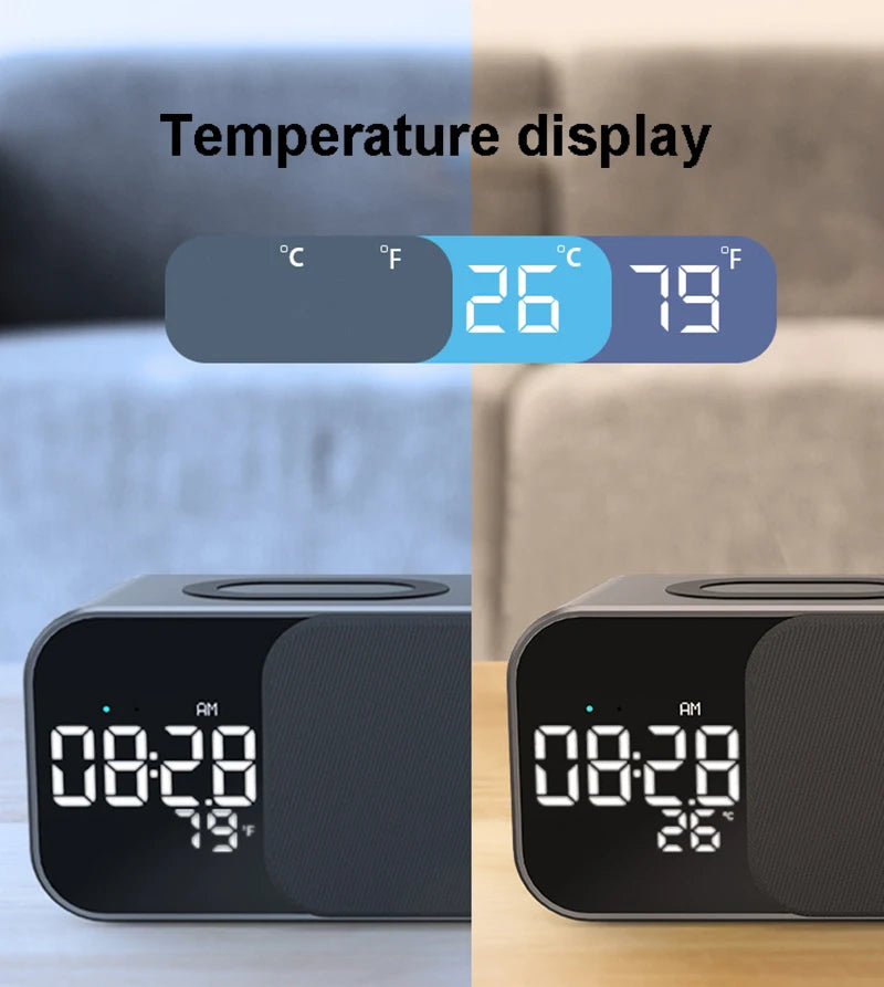 15W wireless charging Dual alarm clock home Bluetooth speaker with night light Bluetooth subwoofer temperature display FM/TF/AUX