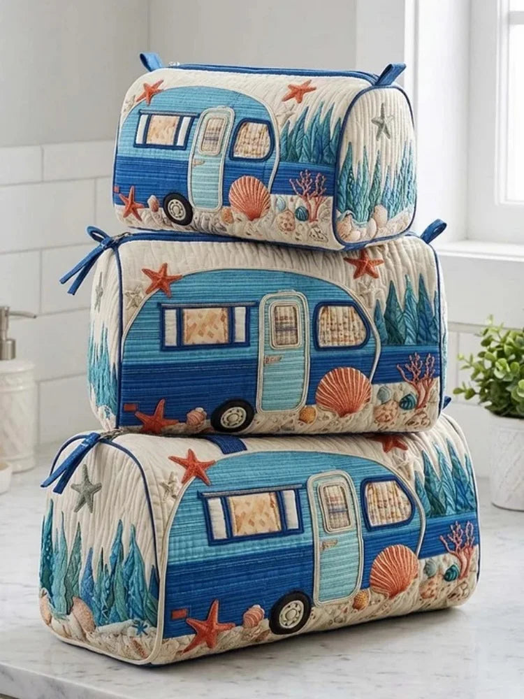 3-Size Quilted Cosmetic Bag 3D Printed Cute Animal Floral Printed Patchwork Makeup Toiletry Pouch Travel Organizer Storage Box