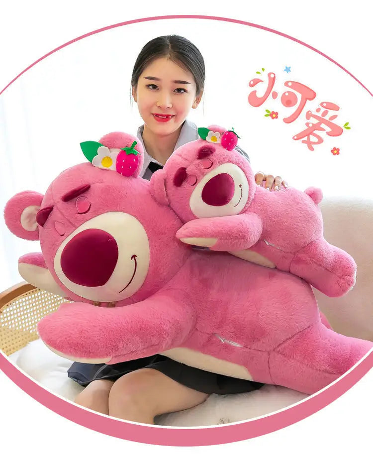 Kawaii Strawberry Bear Plush Stuffed Animal Lying Down Pillow
