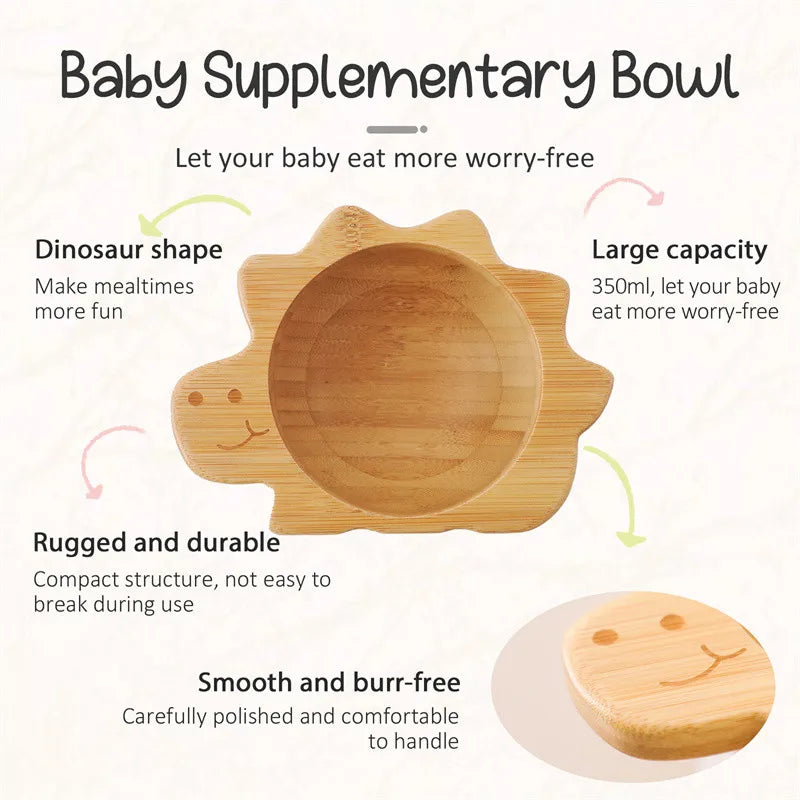 Baby Wooden Tableware Set Sun Bamboo Wooden Plate Bowl Silicone Suction Wooden Handle Fork Spoon for Newborn Feeding Supplies