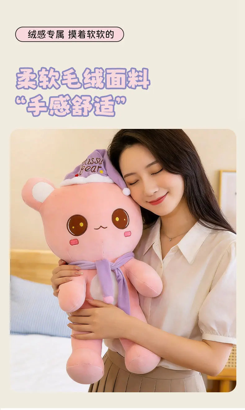 Cute Bear Plush Toy With Sleep Hat And Scarf Soft Pillow