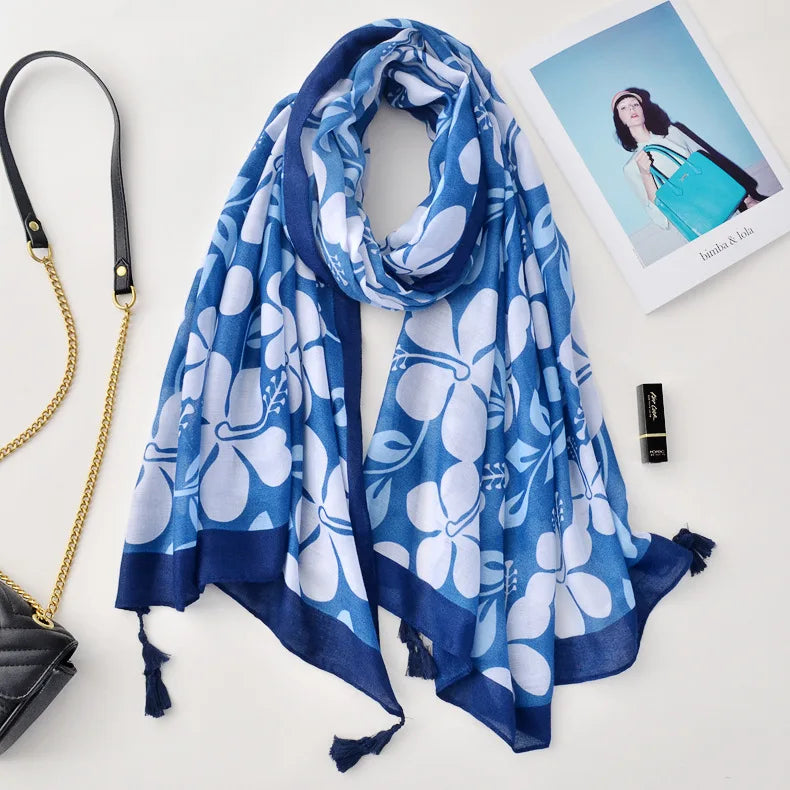Beige Coffee Scarf Luxury Thin Women Scarves Spring Floral Hijab Veils Soft Cotton Shawl Wrap Tassel Viscose Muslim Woman Hijab