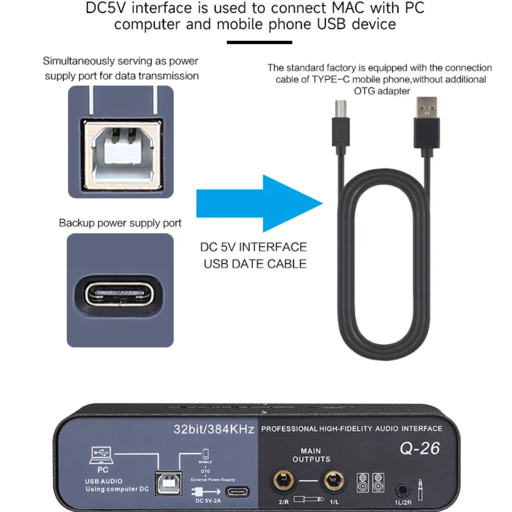 2 Channel USB Audio Interface Mixer For Guitar Recording And Studio Streaming