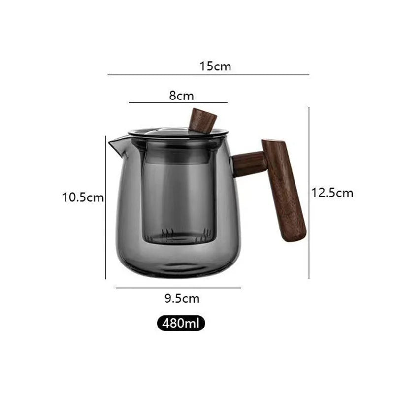 480ml Heat Resistant Glass Teapot with Wood Handle and Infuser