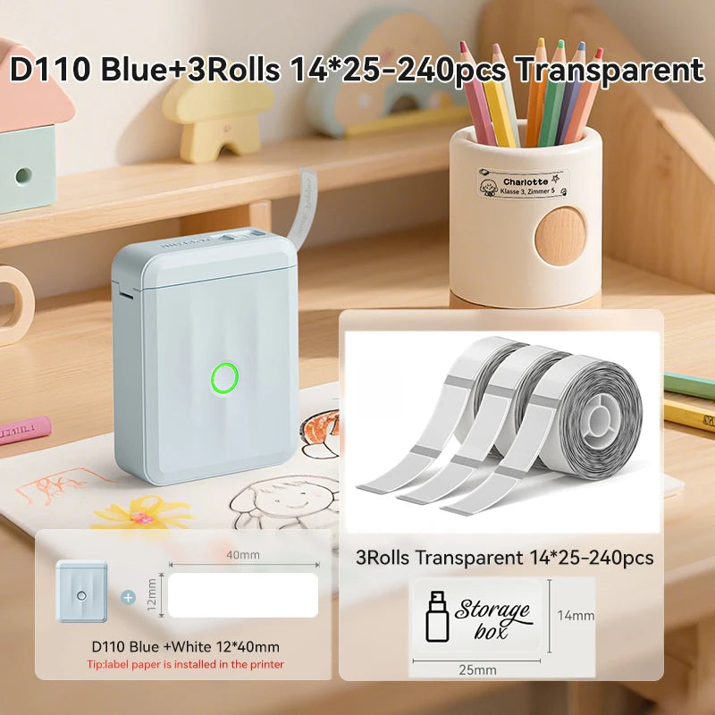 D110 Mini Thermal Label Printer, Bluetooth Portable Smart Label Maker 12–15mm, Inkless Sticker Printer for Home Office Kitchen School