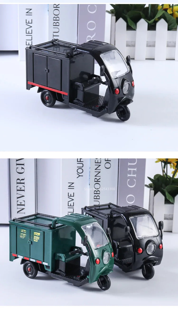 1/32 Scale Express Delivery Tricycle Model Car Toy Steerable Front Wheels Sound Light Pull Back Vehicle Models Gifts for s