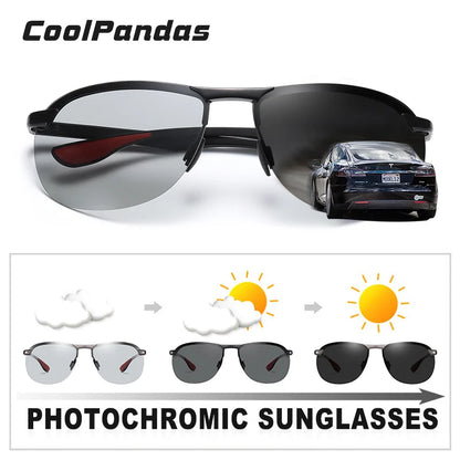 Rimless Photochromic Sunglasses Men Polarized Driving Sun Glasses