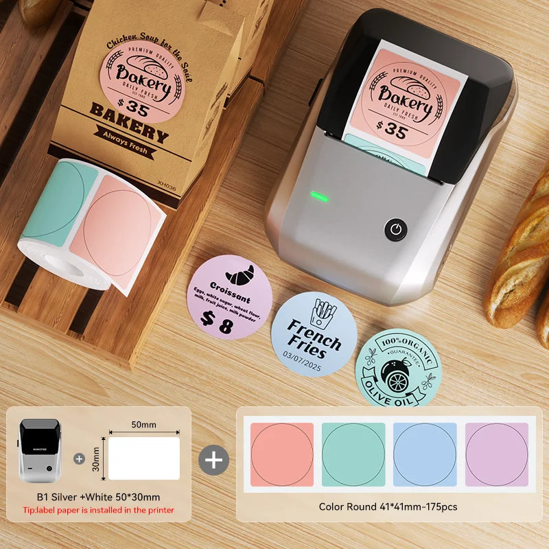 B1 Thermal Label Printer, Bluetooth Portable Sticker Maker 20–50mm, Inkless Barcode Price Tag Label Machine for Business & Food