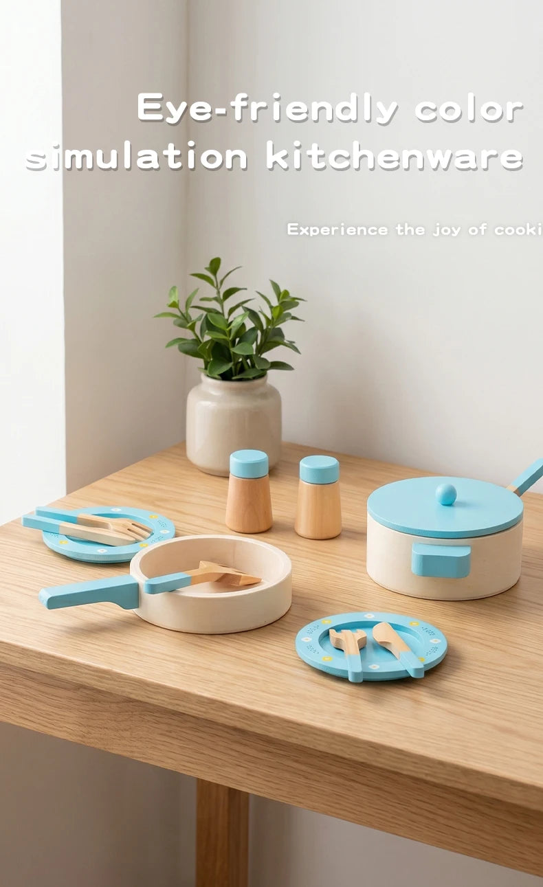 Wooden Pretend Play Kitchen Set with Pots Pans and Utensils
