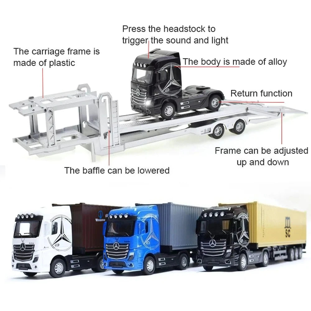 1:50 American Trailer Transport Vehicle Diecast Alloy Front End Container Truck Models Toys Sound Light Cars for Boys Xmas Gifts