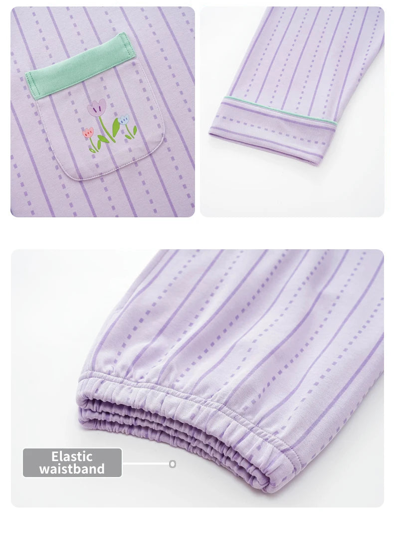 Women’s Winter 100% Cotton Pajama Set – Loose Fit, Turn-Down Collar, Long Sleeves, Cute Pink