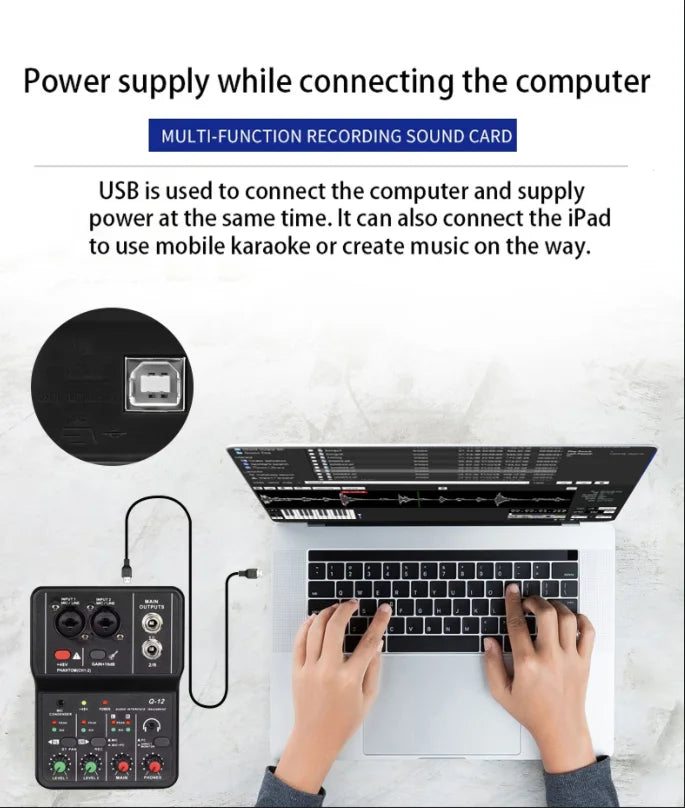 2 Channel USB Audio Interface Mixer With 48V Phantom Power For Recording Studio
