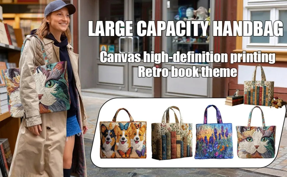 Vintage Quilted Canvas Tote Bag Large Capacity 3D Printed Shoulder Handbag