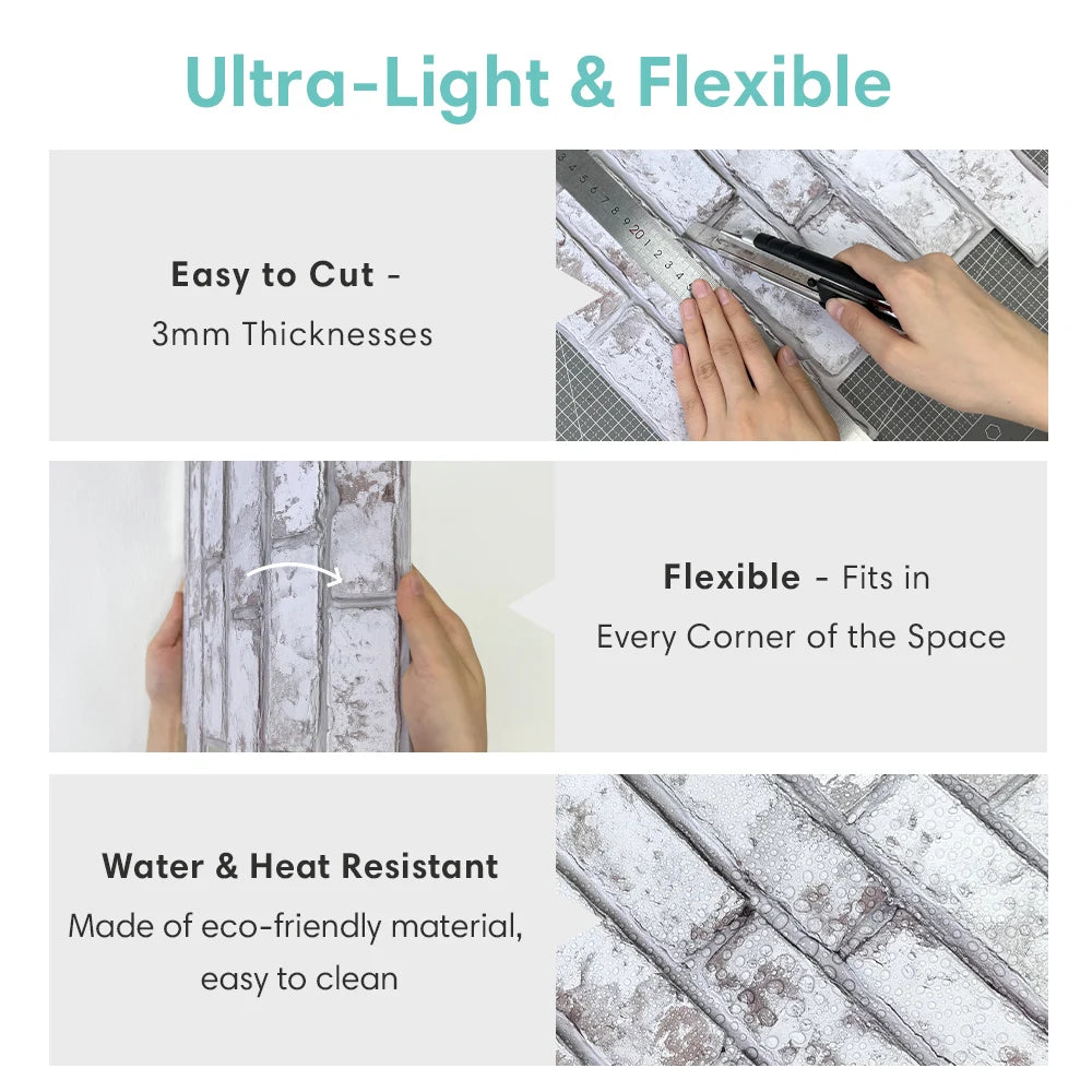 10pcs 3D Tile Stickers, 3D Whitewash Brick Textures, Matte, 30cm x 30cm, Water and Mold Resistant, for Living Room Kitchen Wall Update