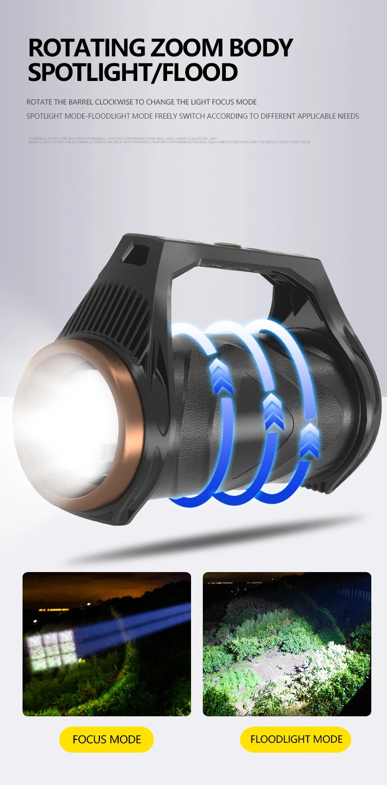 uper Bright Rechargeable Spotlight Rotating Zoom LED Flashlight with COB Sensor Light Power Bank