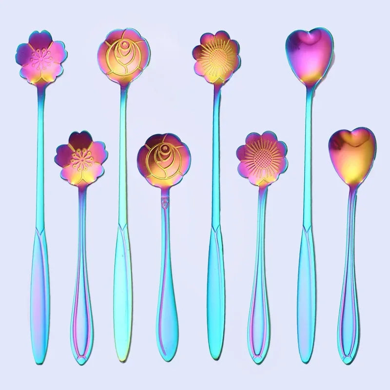4pcs Long Flower Spoon Stainless Steel Dessert Spoons Gold Long Handle Teaspoon Mixing Scoop for Coffee Cake Kitchen Accessories