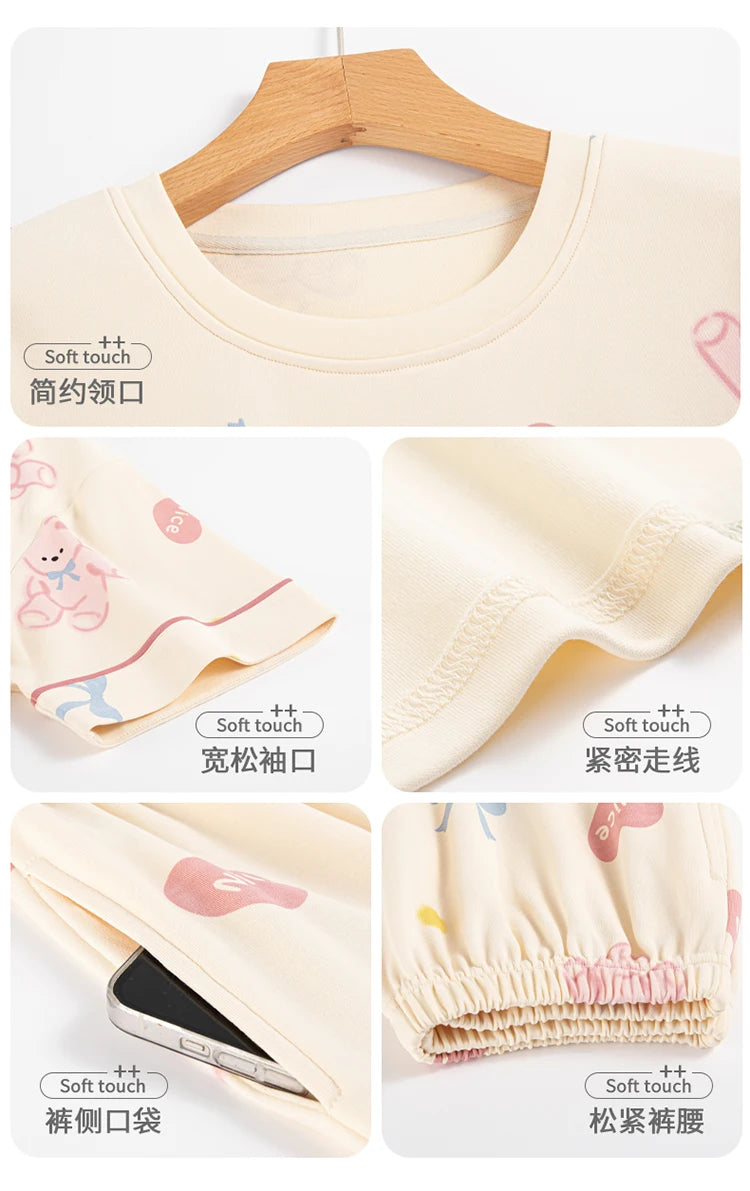 2-Pcs Women’s Summer Cotton Pajama Set – Breathable Short Sleeve Sleepwear with Cute Prints