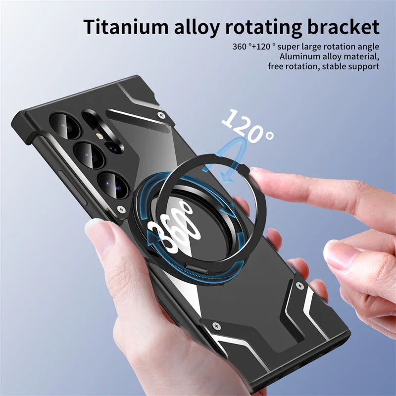 Luxury Metal 360 ° frameless Phone Case For Samsung S 24 23 Ultra Transparent Rotating Bracket Anti Drop Airbag Phone Case