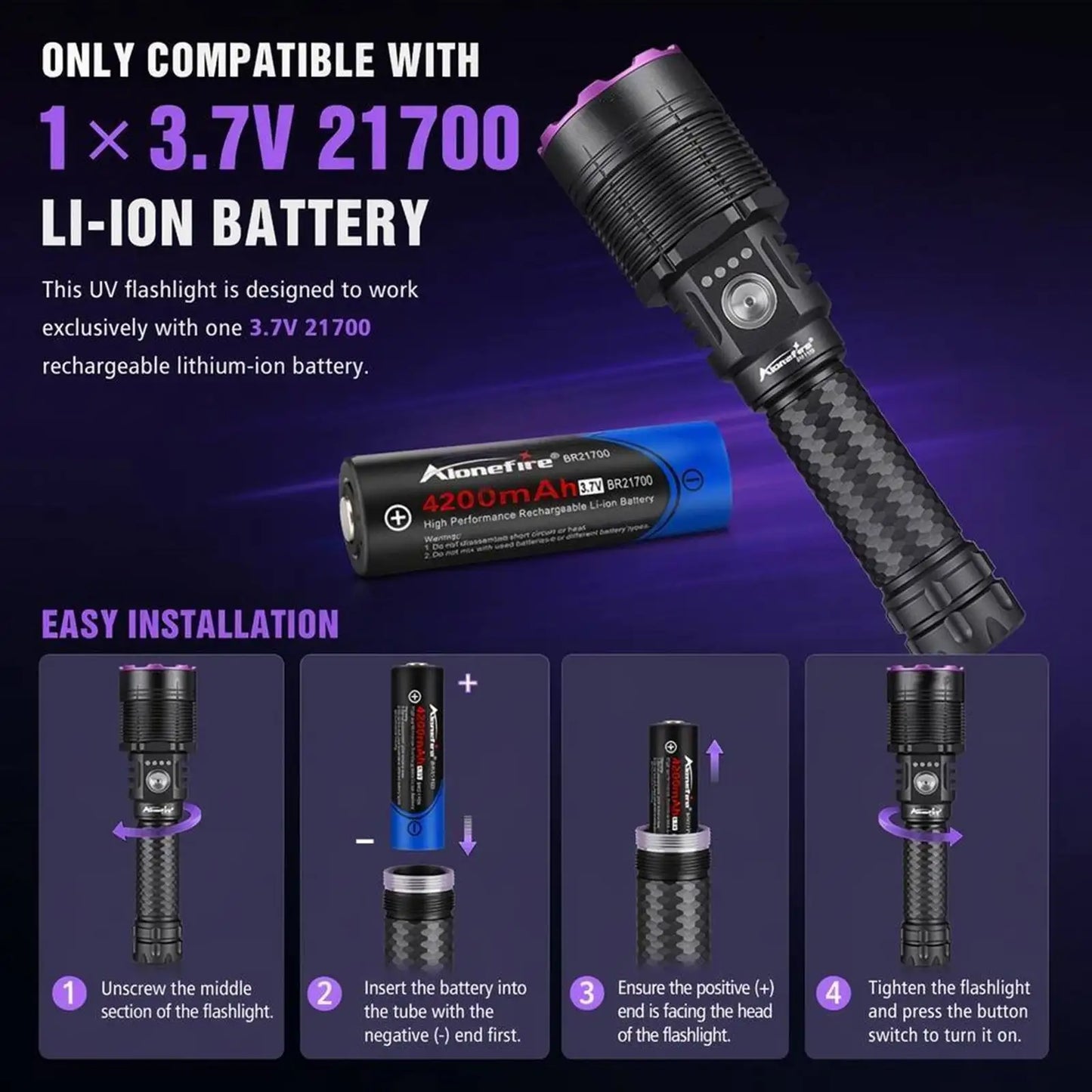 40W 365nm UV Rechargeable Blacklight Flashlight