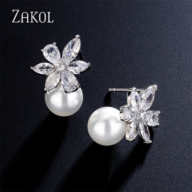 Imitation Pearl Flower Stud Earrings Shinny Marquise Zircon Wedding Earring