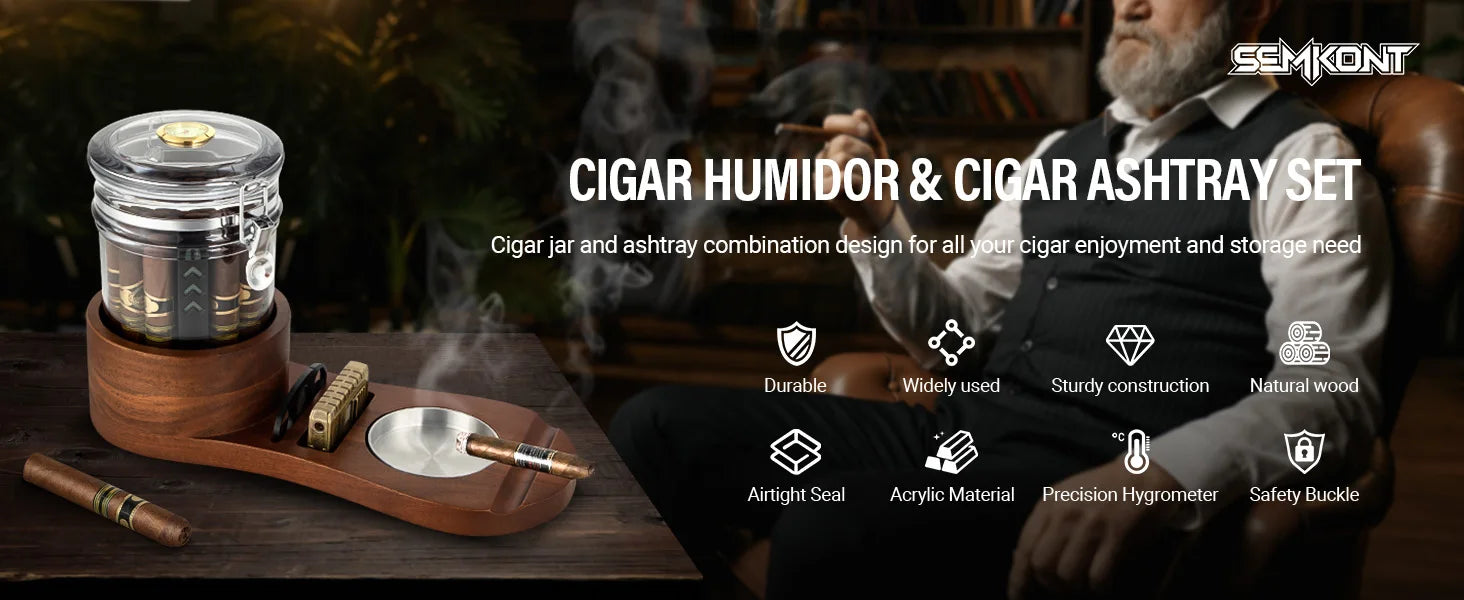Cigar Humidor, Solid Wood Cigar Ashtray & Acrylic Cigar Jar Kit with Cigar Cutter, Humidifier and Dropper, Holds 18-20 Cigars