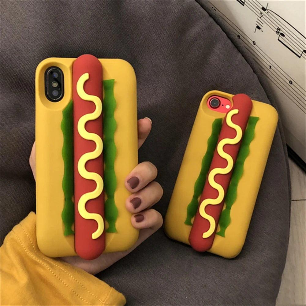 INS Cute Cartoon Funny Hot Dog Sausage 3D Vivid Phone Case For iPhone 16 15 14 13 Pro Max Plus Creative Soft Back Cover