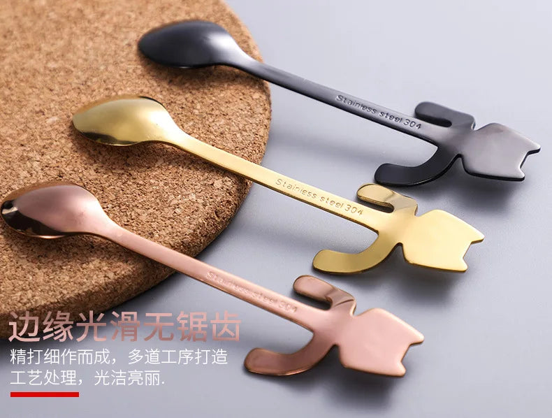 304 Stainless Steel Coffee Spoon Lovely Cute Cat Shape Teaspoon Dessert Snack Scoop Ice Cream Mini Spoons Kitchen ToolsTableware