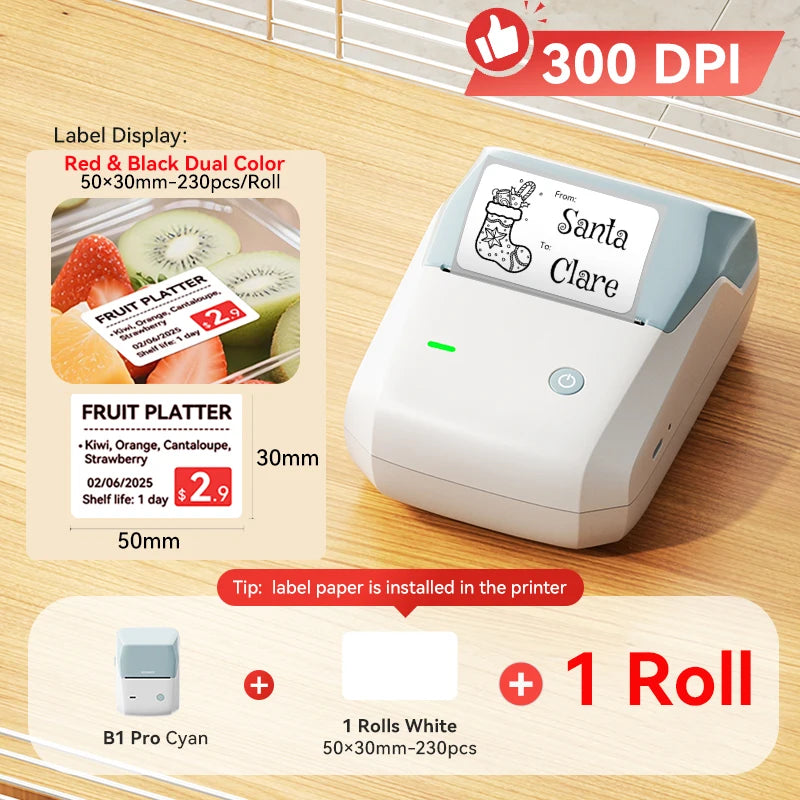 B1 Pro Thermal Label Printer 300DPI, Bluetooth Wireless Inkless Sticker Maker 20–50mm, Red & Black Label Printer for Home & Business