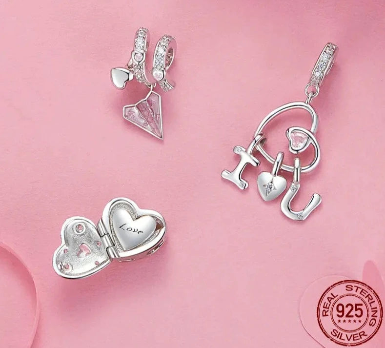 925 Sterling Silver Valentine's Gift Pink Heart Charms Safety Chain Openable Lock Beads