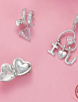 925 Sterling Silver Valentine's Gift Pink Heart Charms Safety Chain Openable Lock Beads