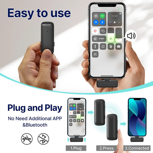 Wireless Lavalier Microphone Dual Mic Plug & Play for iPhone Android Live Recording