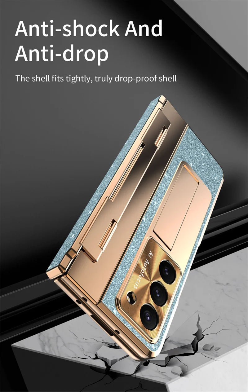 Luxury Flip Leather PC Integrated Phone Case For Samsung Galaxy Z Fold 3 4 5 6 Glitter Series With Holder Phone Protective Case