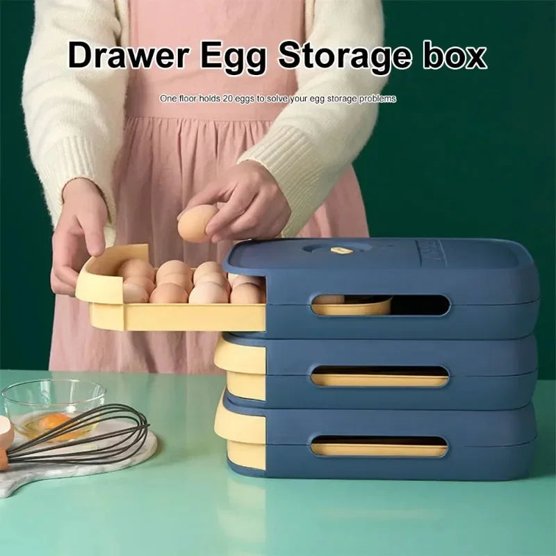 Automatic Rolling Egg Holder Stackable Drawer Storage Box – Space-Saving Refrigerator Kitchen Organizer