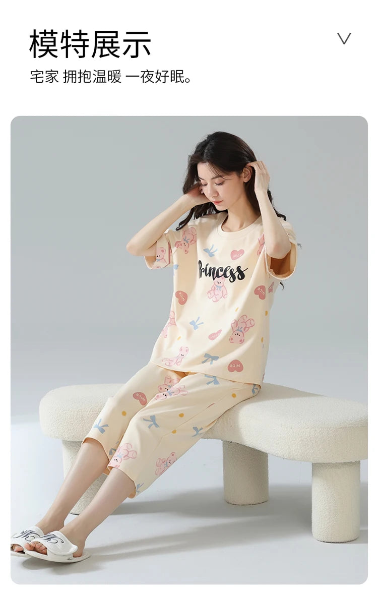 2-Pcs Women’s Summer Cotton Pajama Set – Short Sleeve Top & Calf-Length Pants with Cute Prints