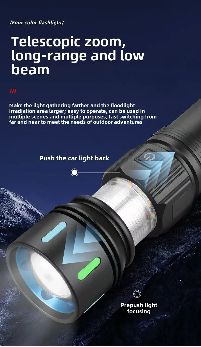 High Power 4 LED Light Source Rechargeable Tactical Flashlight with Zoom Waterproof Aluminum Alloy Camping Lantern