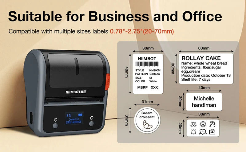 B3S Barcode Thermal Label Printer, Bluetooth Wireless Sticker Maker 20–75mm, Portable Inkless Label Printer for Clothing Jewelry & Shipping