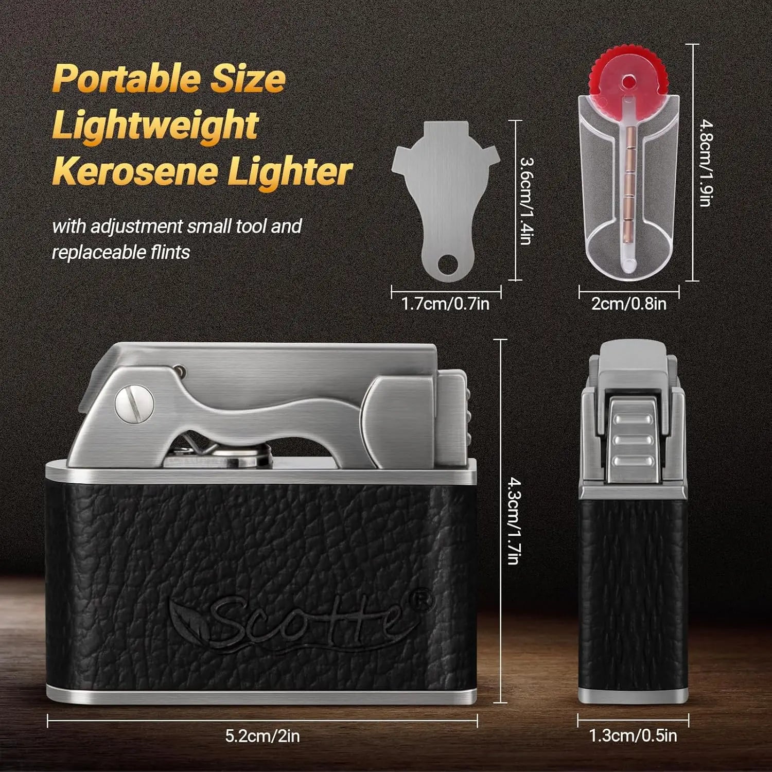 Vintage Kerosene Lighter, Windproof Soft Flame, Metal and Leather Trench Lighter, Fluid Refillable Pocket Lighters