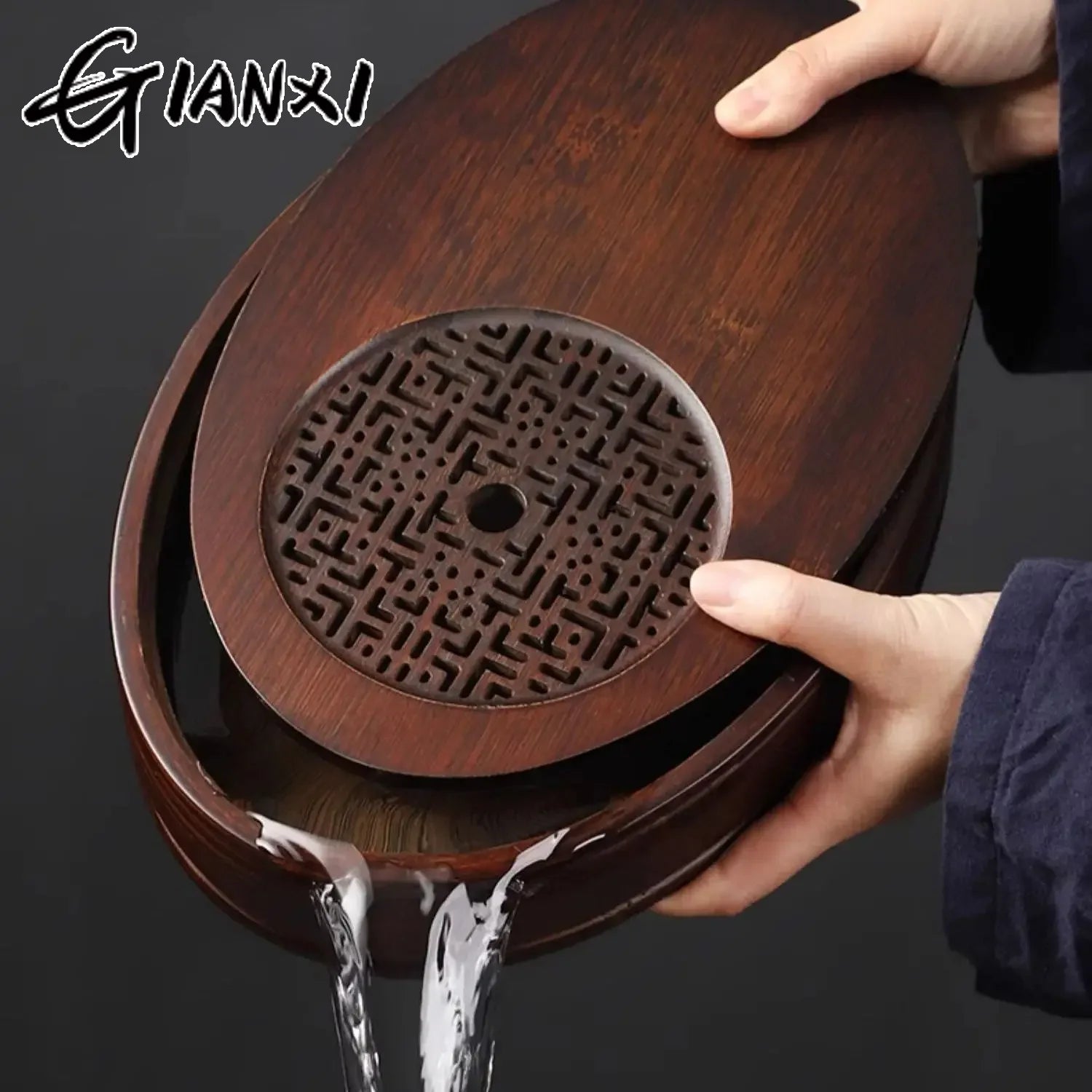 Chinese Tea Ceremony Culture Oval Tea Tray Natural Bamboo Hollow Drainage Storage Tea Tray Home Solid Wood Storage Tray