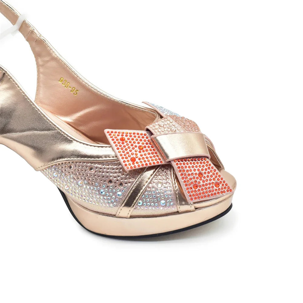 Women Nigerian Italian Shoes and Bags Set Decorated with Rhinestone Peep Toe High Heels Women Pumps for Wedding