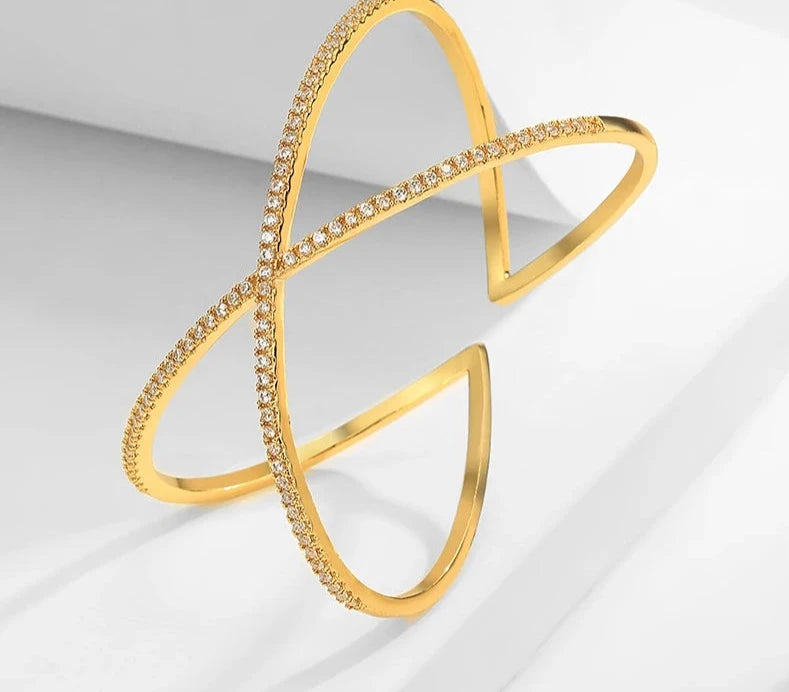 Luxury Cubic Zirconia X shape Cuff Bangles For Women Fashion Cross Girl