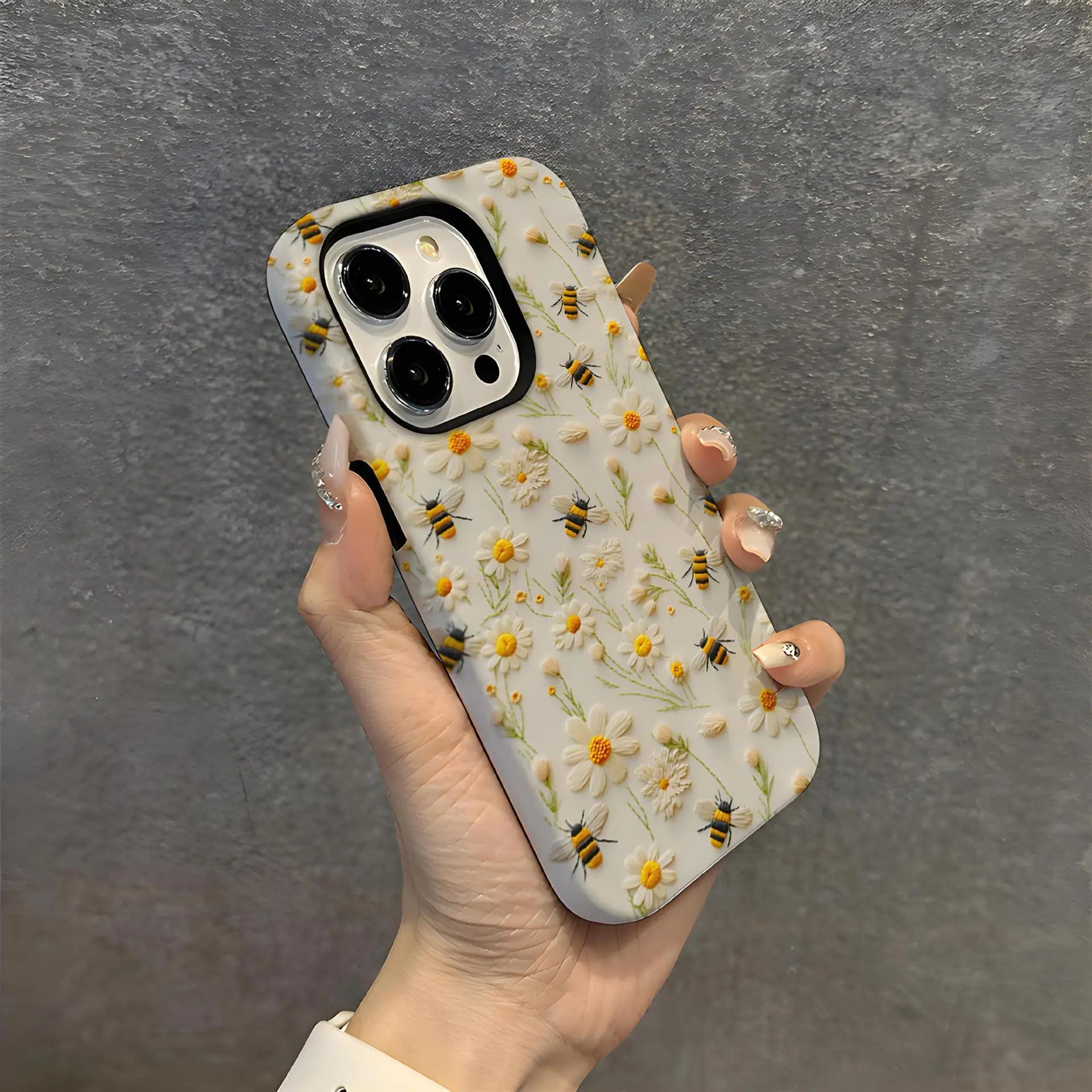 Luxury Embroidery Effect Bee Daisy Flower Phone Case for iPhone 16 15 Pro Max Plus 2 in 1 Hard Protective Cover