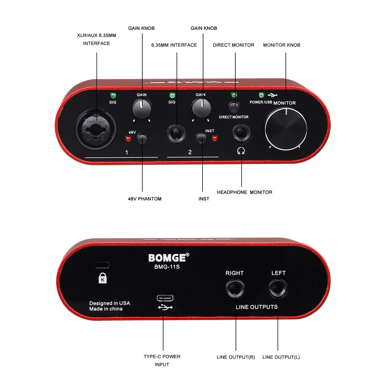 BMG11S USB Audio Interface with 24 Bit 192kHz Recording and Headphone Monitoring Amplifier