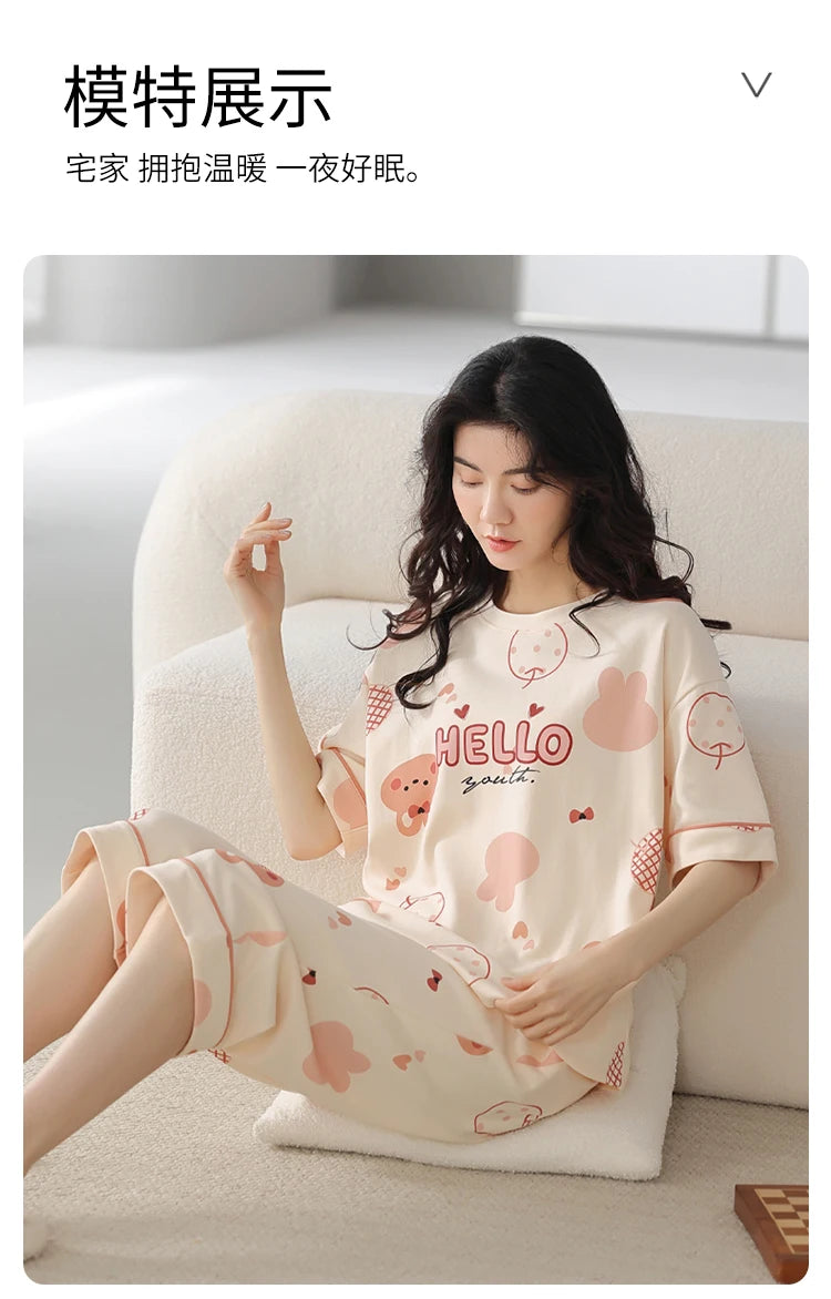 2-Pcs Women’s Cotton Pajama Set – Breathable Short Sleeve Summer Sleepwear with Cute Prints