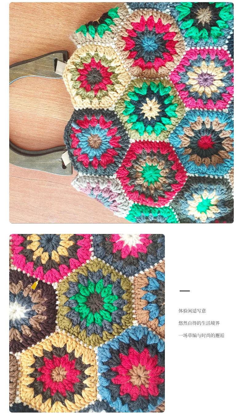 Bohemian Granny Square Crochet Tote Bag Handmade Knitted Shopper Handbag