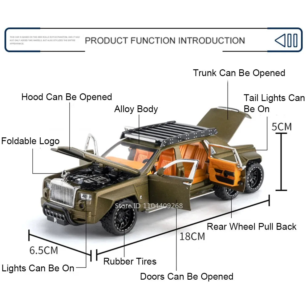 1:32 Scale Rolls-Royce Phantom 6x6 Wraith Car Model Toy Diecast Metal Alloy Off-Road Vehicle Models Sound Light Gifts