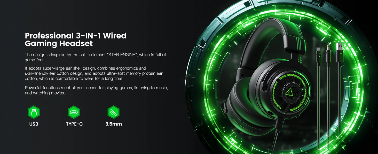 EKSA StarEngine Pro Wired Gaming Headset 7.1 Surround PC Headphones Gamer With ENC Mic USB/Type C/3.5mm for PS4 PS5 Xbox