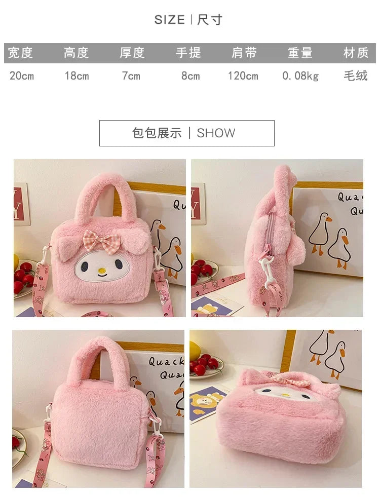 Sanrio Cartoon Plush Shoulder Bags Hello Kitty Kuromi Melody Cute Crossbody Bag Anime Children Handbag