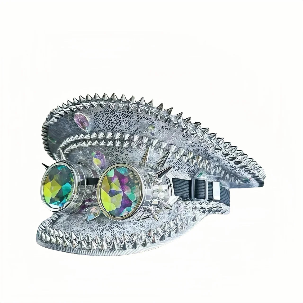 Silver Steampunk Captain Hat Rivet Rhinestone Goggles Masquerade Military Cap Women Sequin Music Festival Handmade Unisex Adult