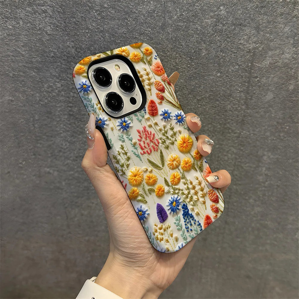 Wildflower Boho Embroidery Effect Flower Case for iPhone 16 15 Pro Max 14 Plus Protective 2 in 1 Double Deck Cover