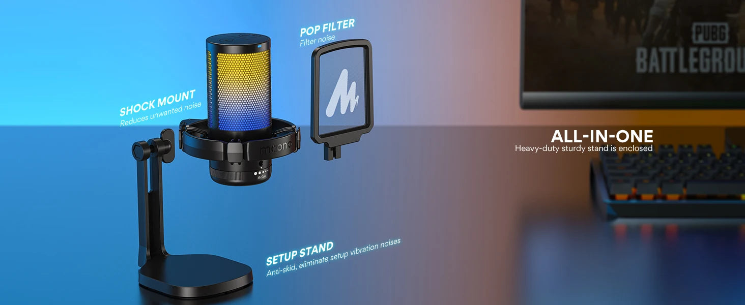 DGM20 Gaming Microphone,USB Microphone Condenser Mic RGB Gaming Mic with Noise reduction software,Mic Gain,One Key Mute